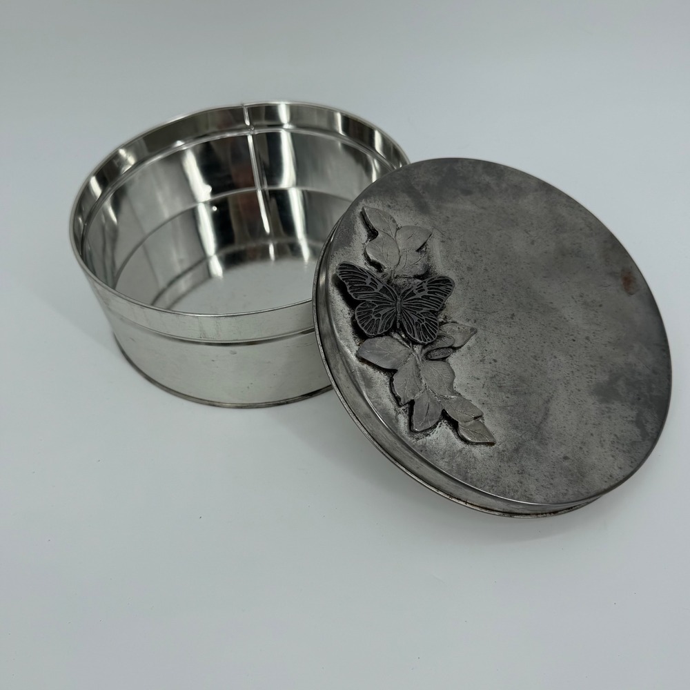 Vintage Metzke Pewter Butterfly Leaf Round Tin Canister Trinket Box 7.5 Inch